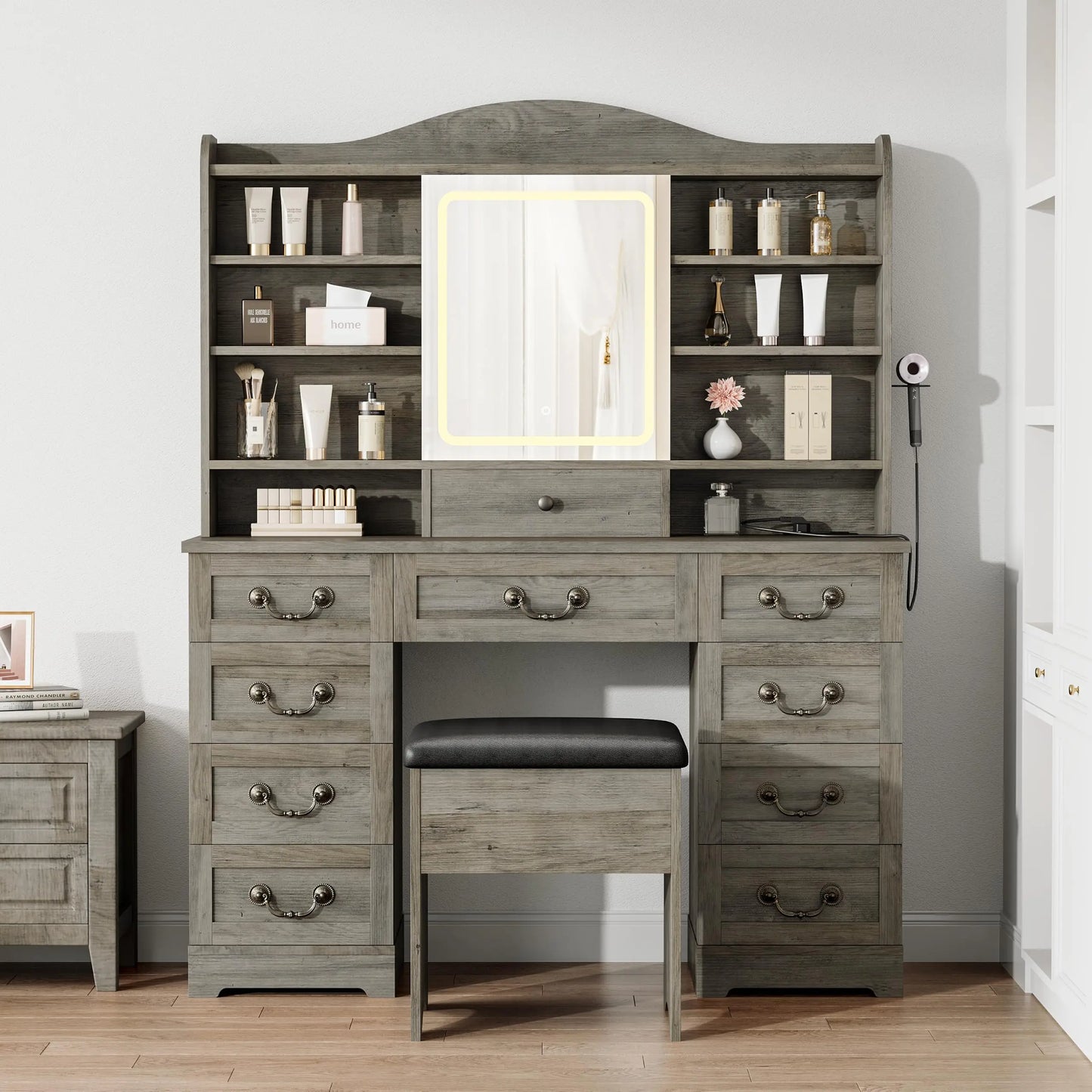 HiMISS Wooden Vanity Desk With Led Mirror And Storage Drawers