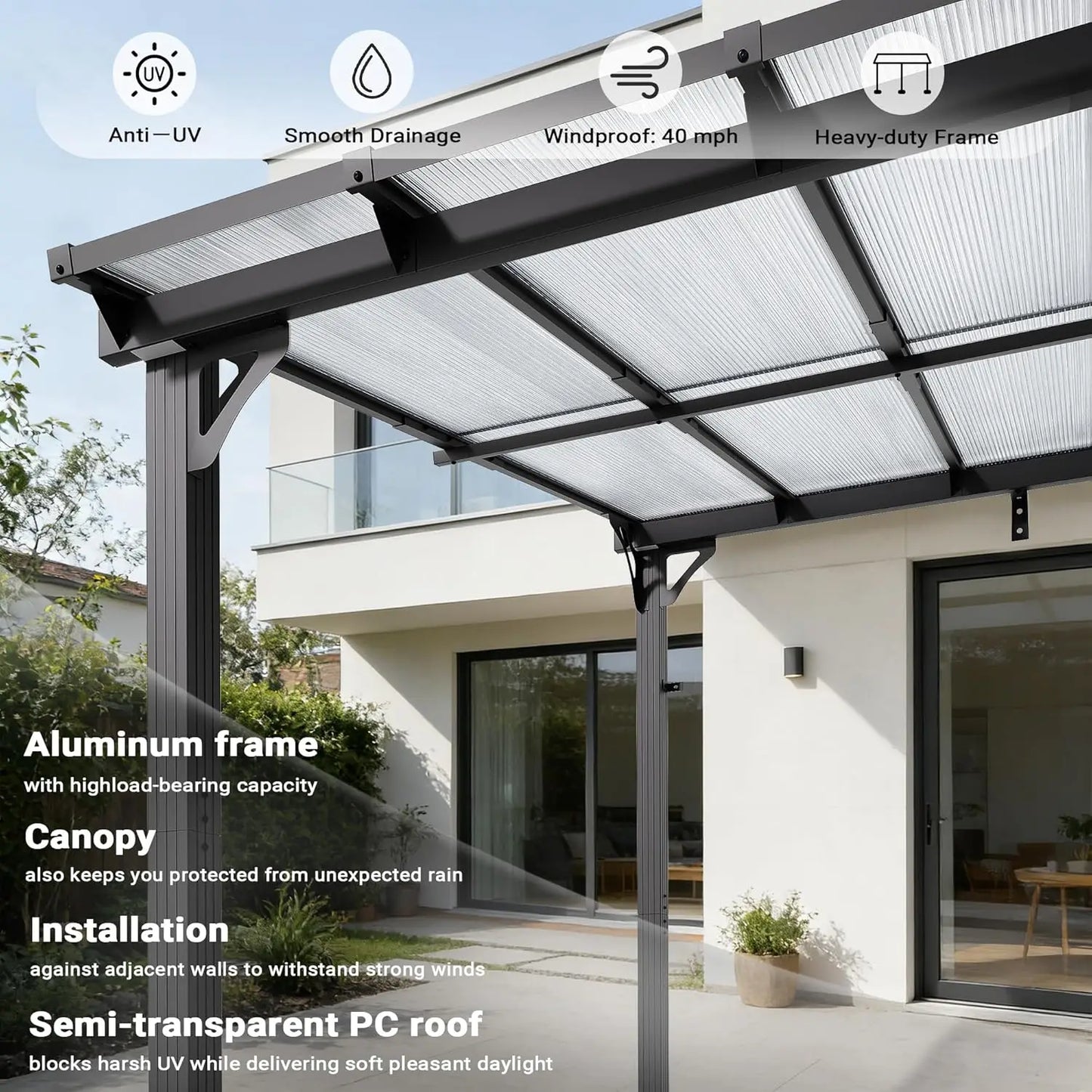 Wall Mounted Lean-To Gazebo With Aluminum Frame And Polycarbonate Roof