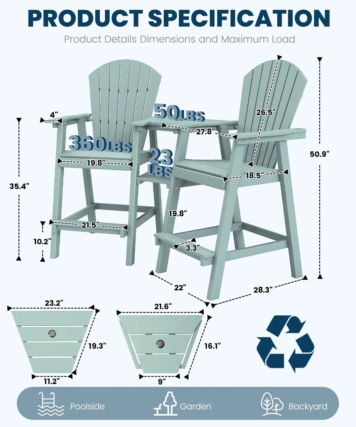 Tall Adirondack Chair Set Of Two With Bar Height Double Connecting Tray Outdoor