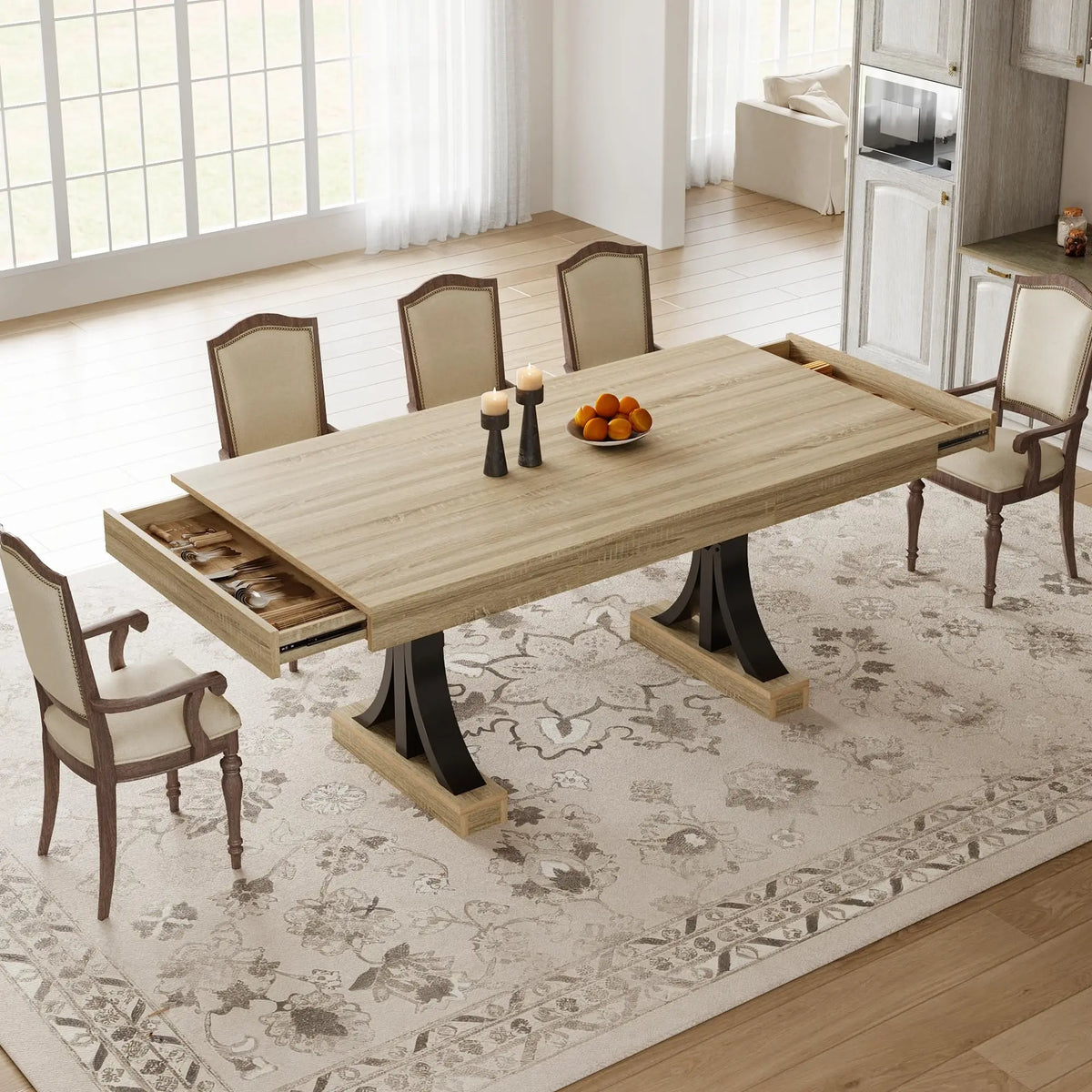 HiMiss Industrial Rectangular Dining Table With Two Drawers