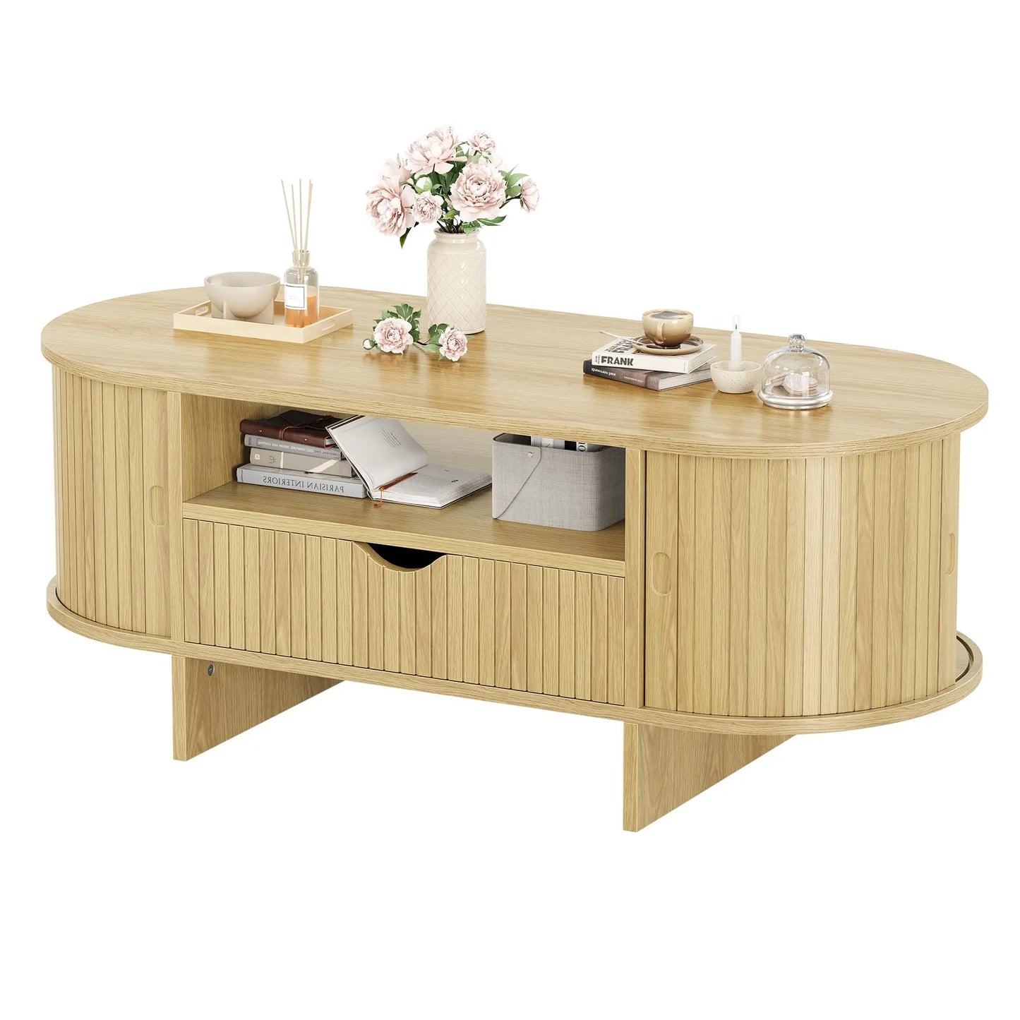 HiMiss Modern Fluted Wood Coffee Table With Storage Cabinet