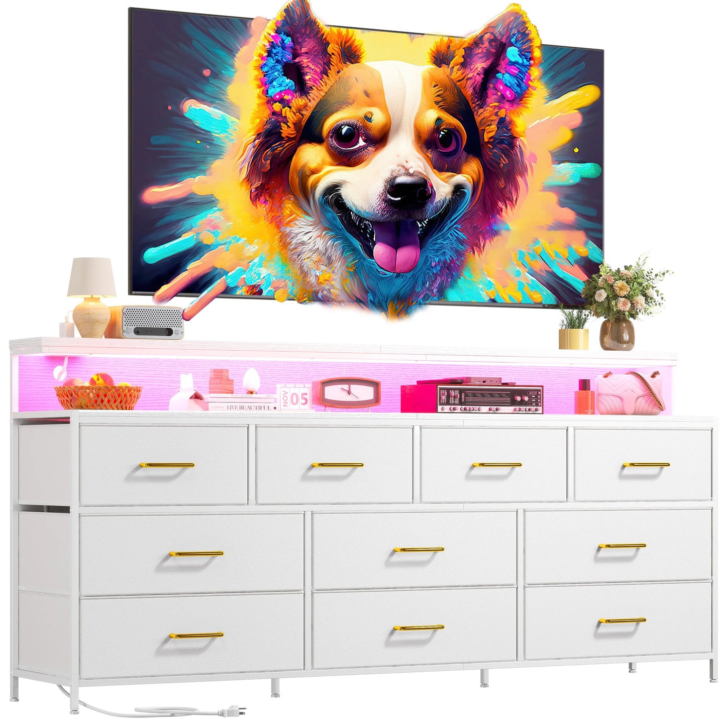 Smart Dresser with LED Lighting and Power Outlets, Metal Frame