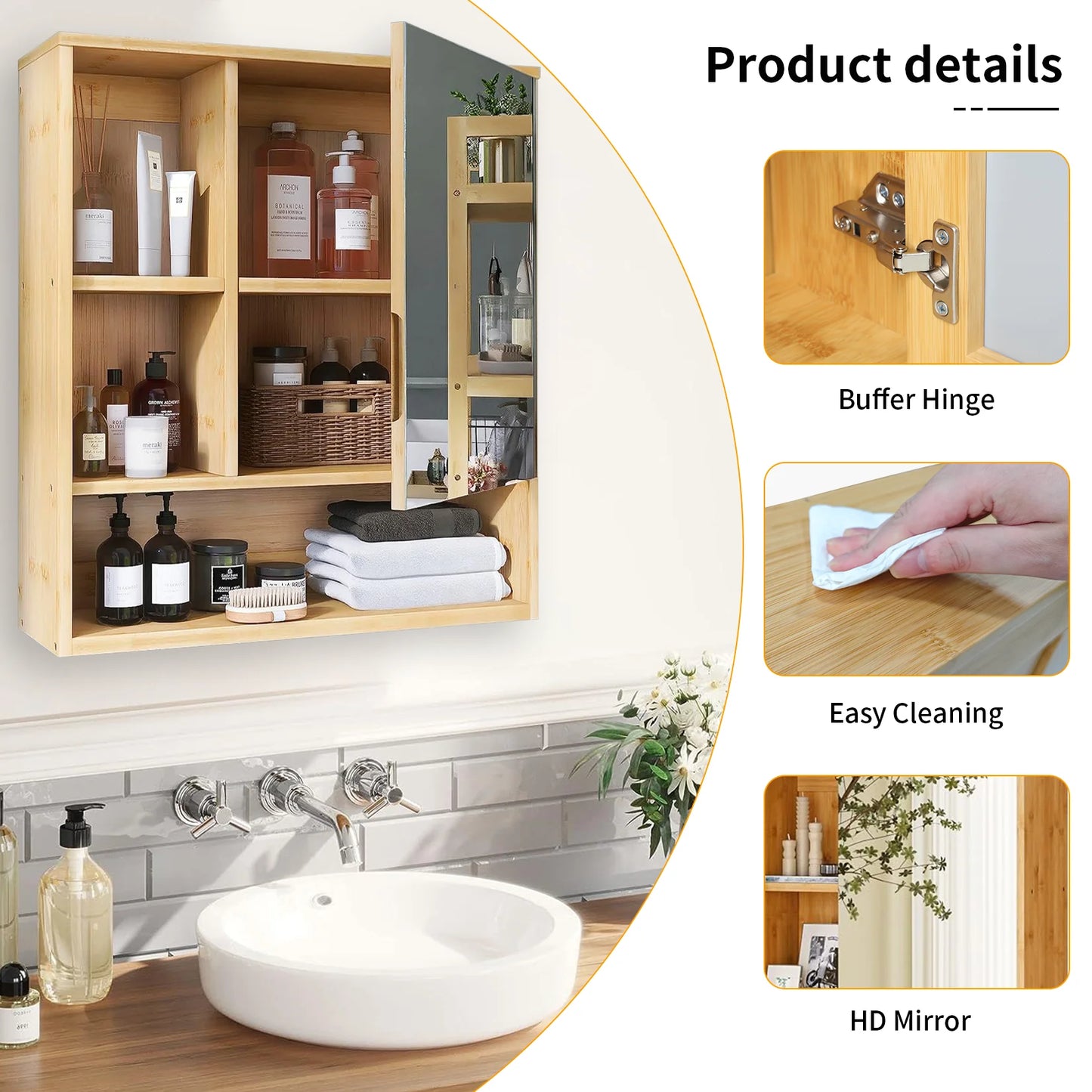 Wisfor Bamboo Bathroom Cabinet With Mirror And Medicine Storage
