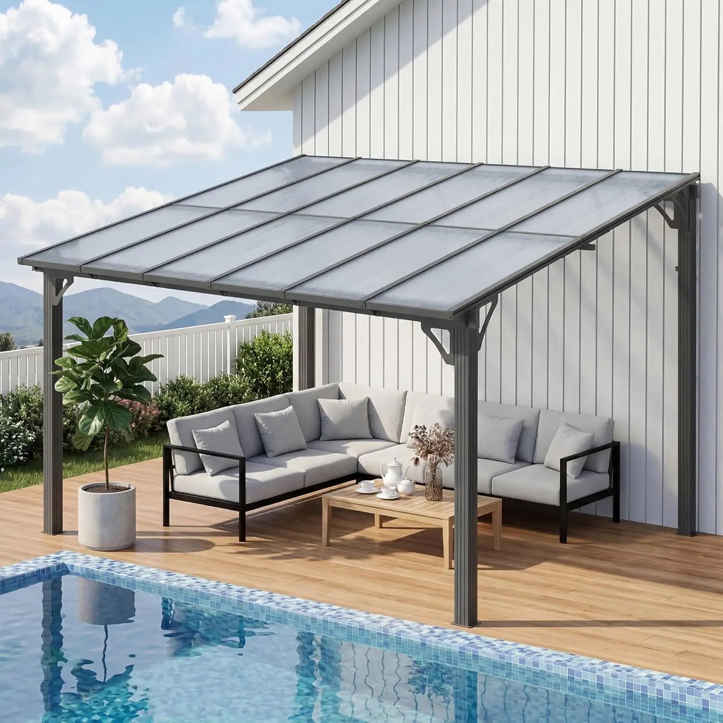 Lean To Gazebo With Hardtop Metal Roof For Backyard Deck