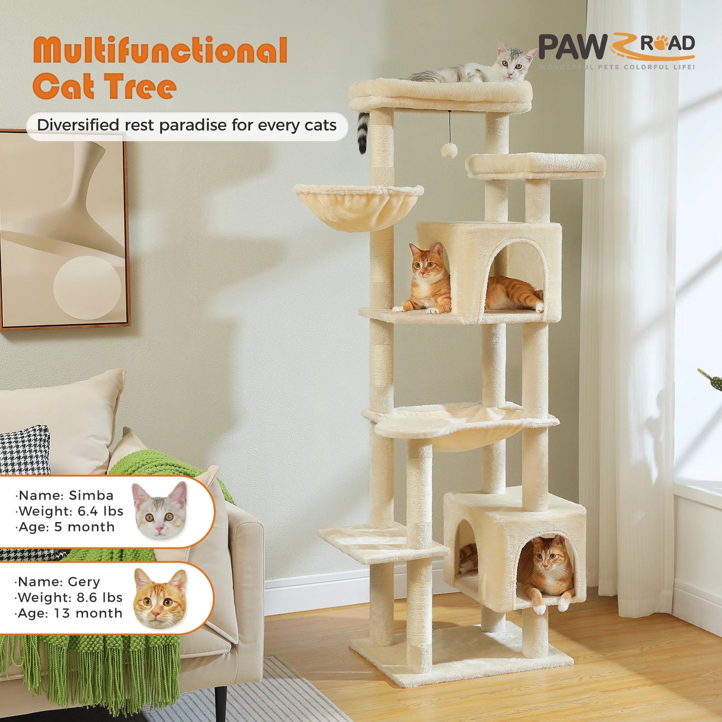 PawZ Road Premium Cat Tree With Hammock And Durable Scratching Posts