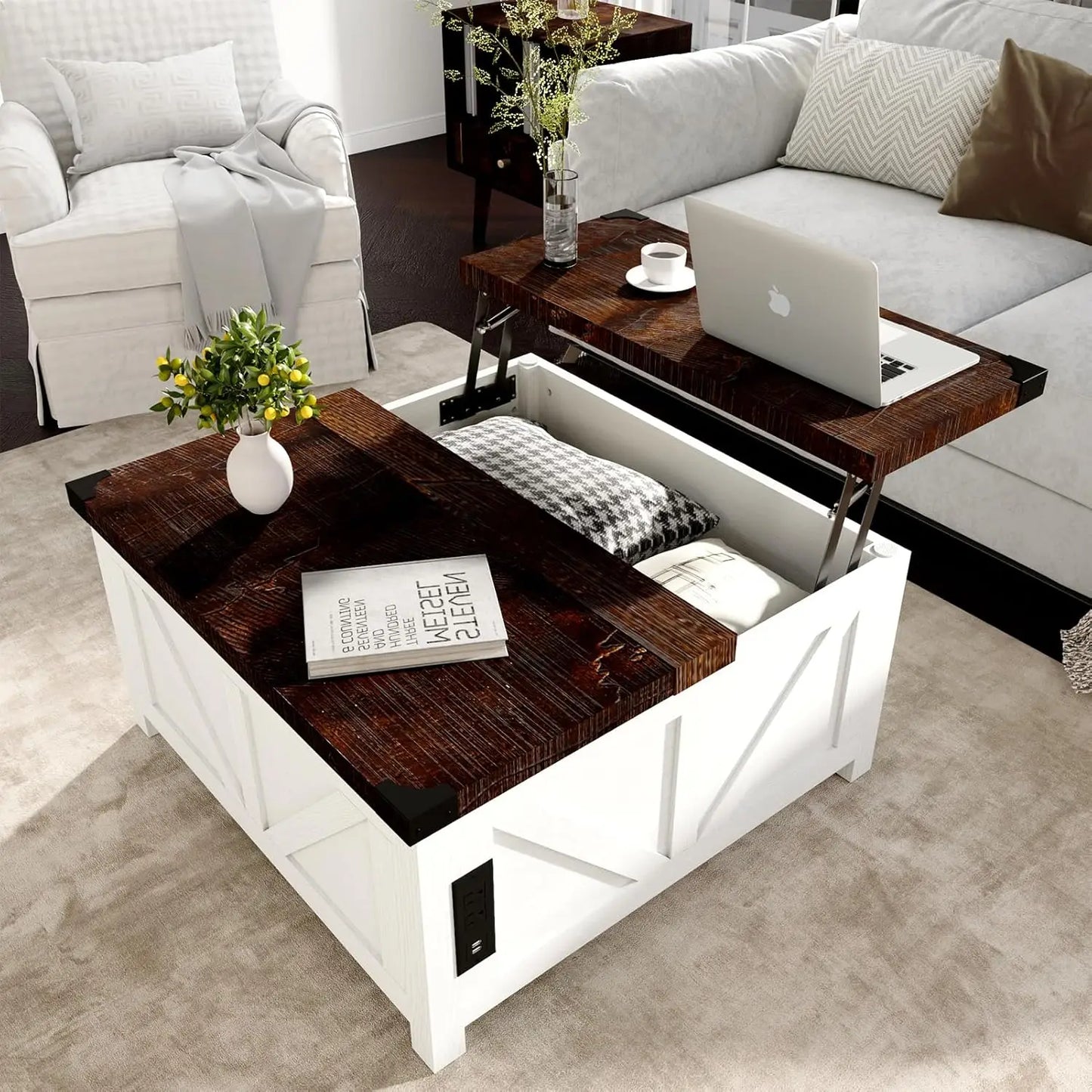 HUANZHUANG Wood Square Coffee Table With Storage And Charging Station