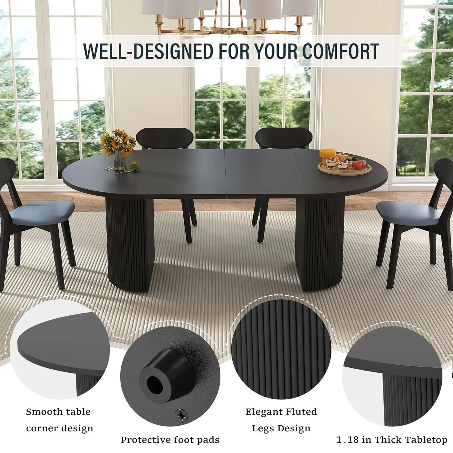 Extendable Dining Table With Fluted Base Modern Oval Design