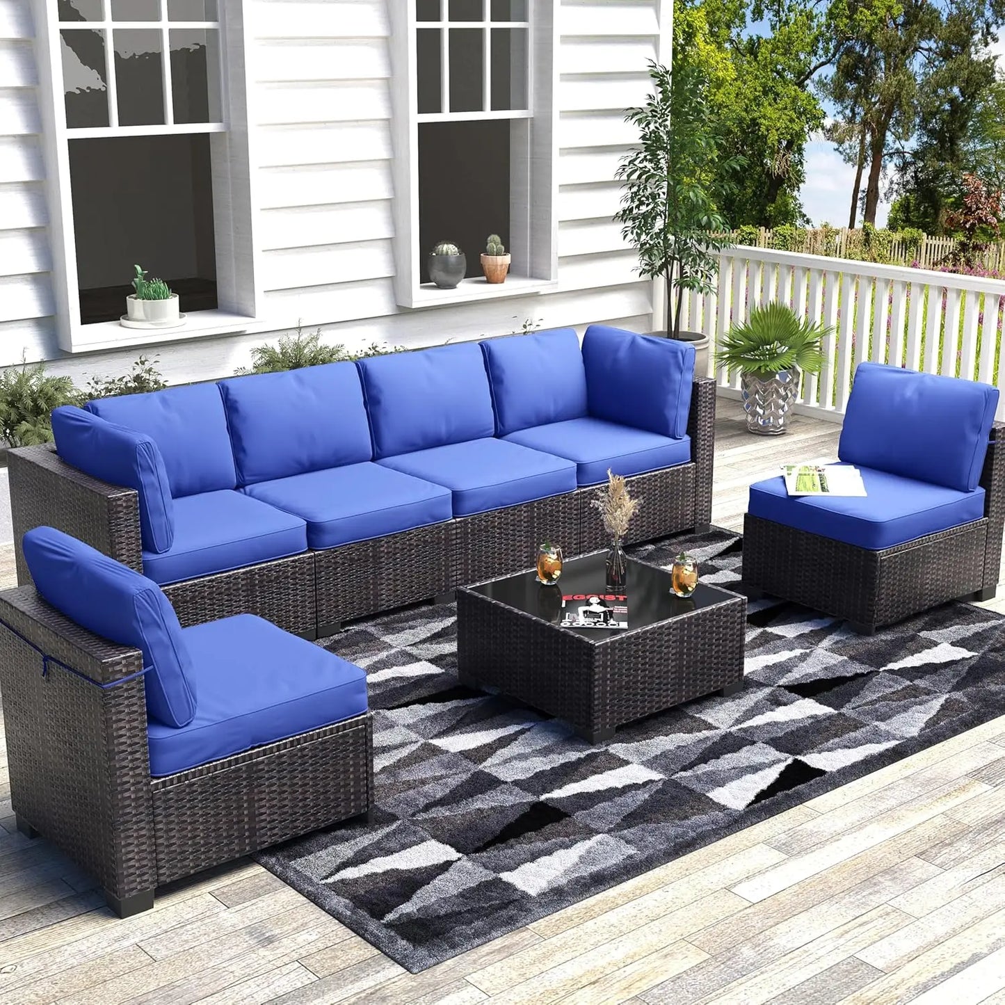 HobbyLane Seven Piece Modular Outdoor Furniture With Rattan Wicker Sofa