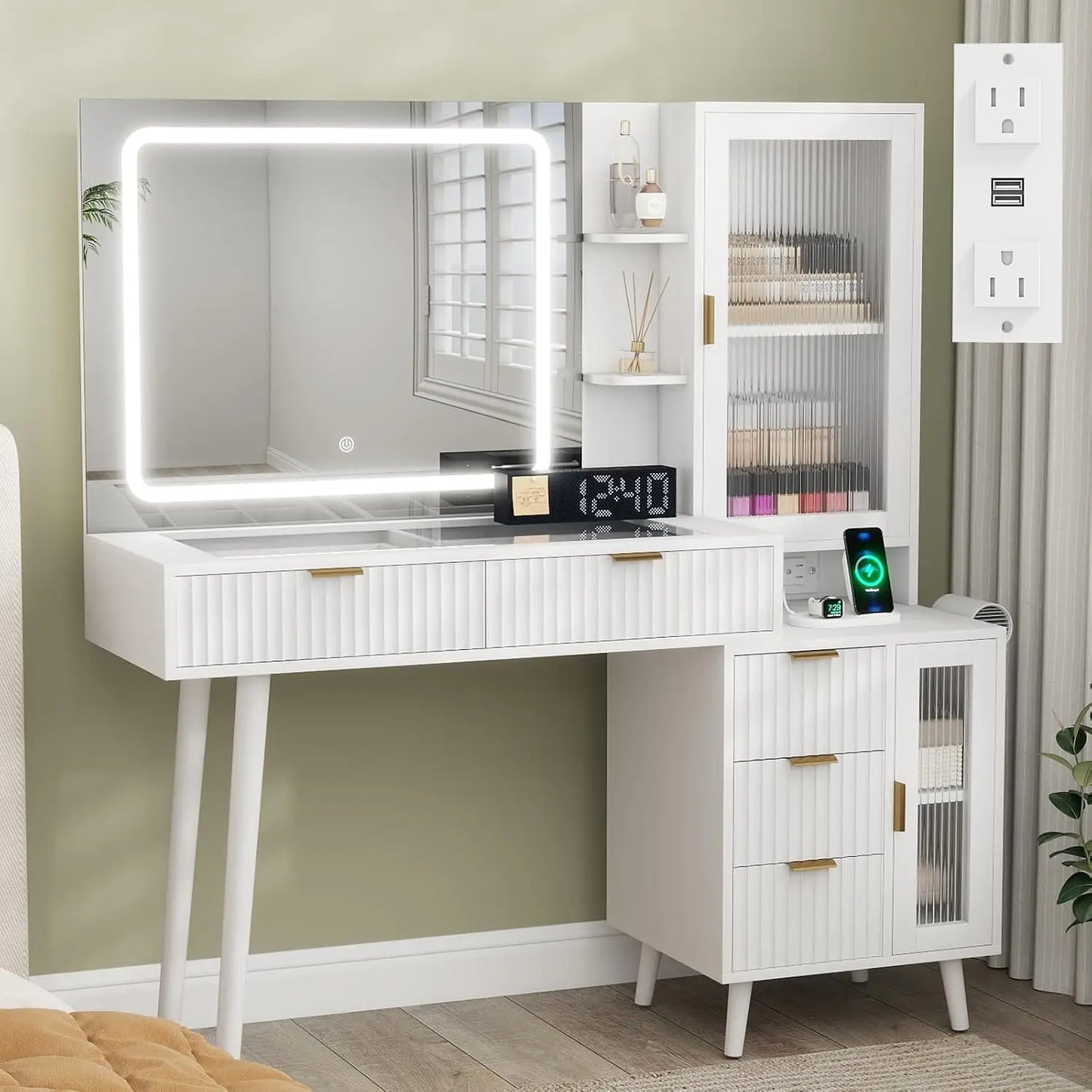 Fluted Boho Vanity Desk With Led Mirror And Charging Station