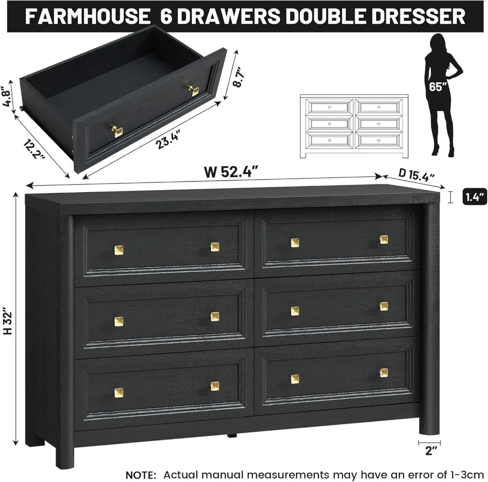 Farmhouse Six-Drawer Dresser For Bedroom Solid Wood