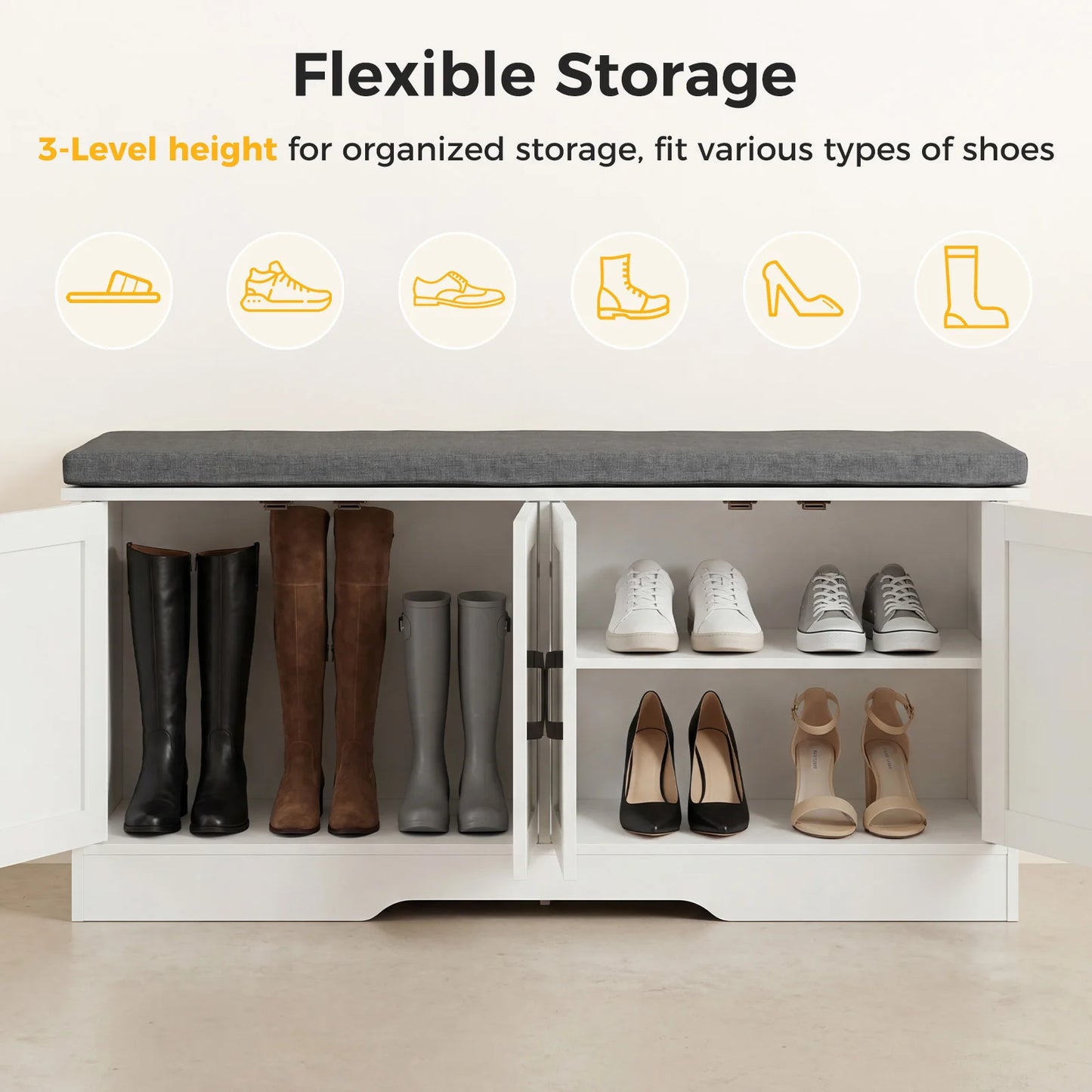 JHK Two Door Entryway Storage Bench With Padded Seat Cushion