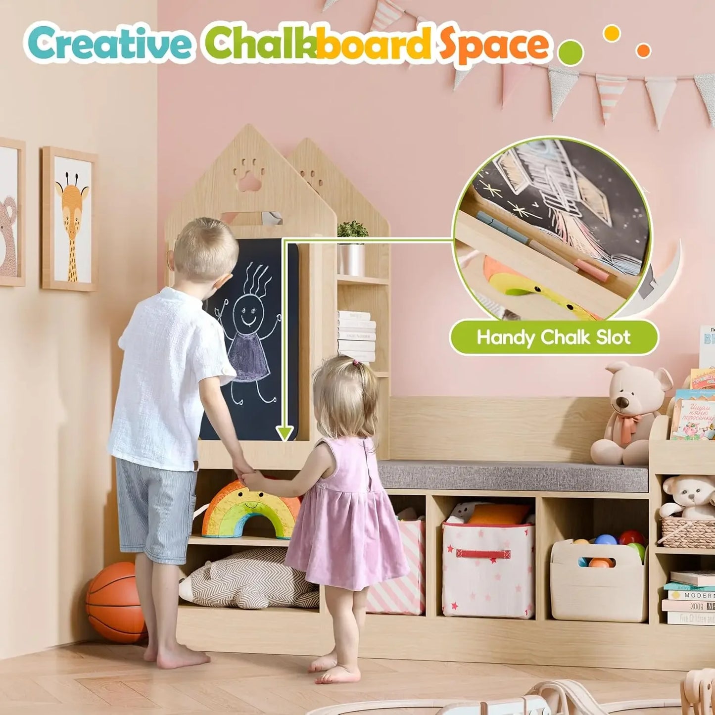 Kids Bookshelf With Reading Nook And Chalkboard Bench
