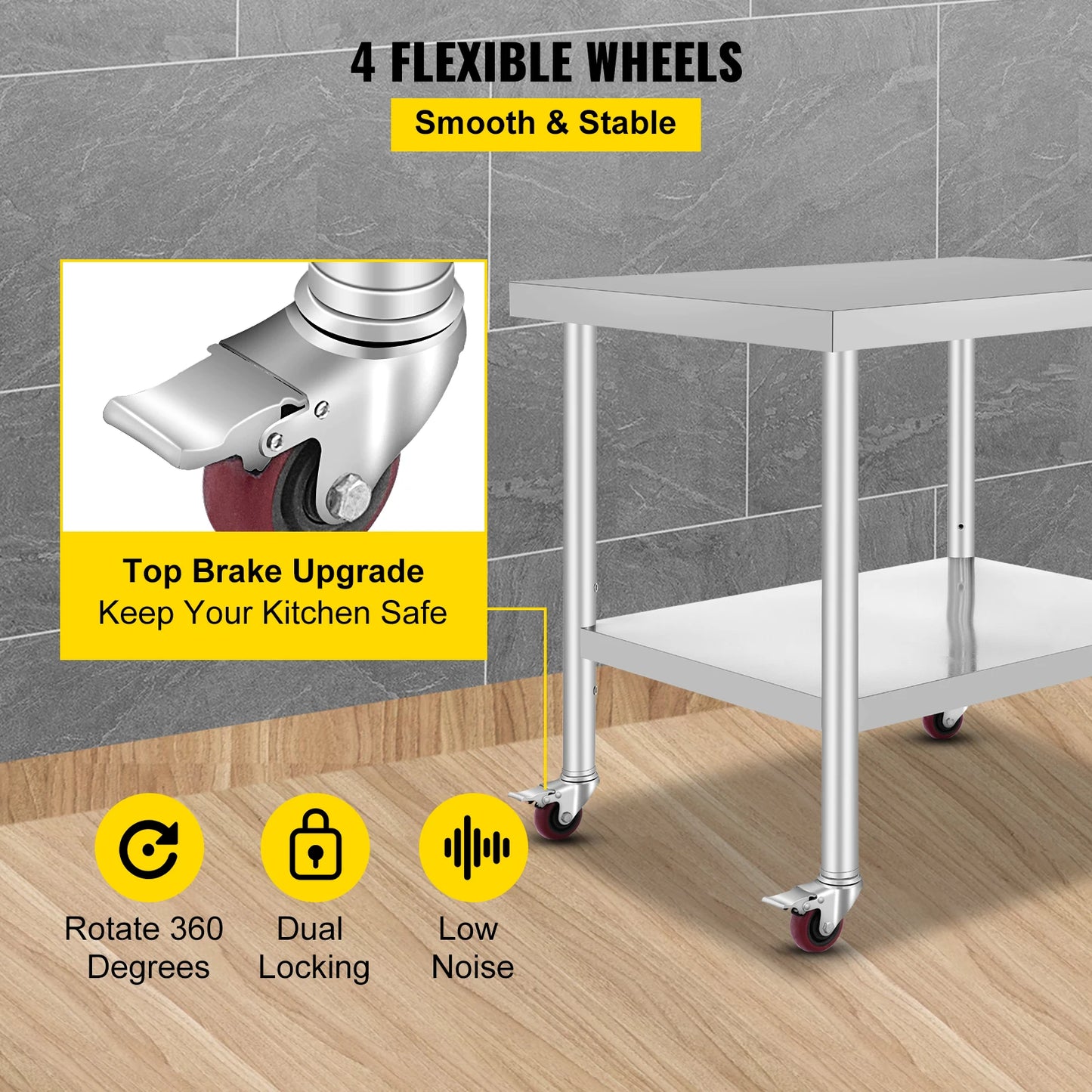 SucceBuy Stainless Steel Kitchen Prep Table With Sturdy Casters