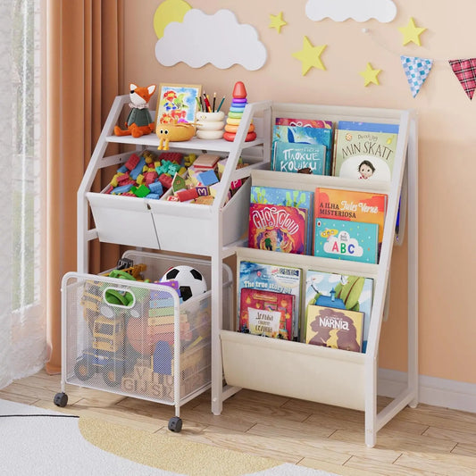 3-Tier Kids Bookshelf With Movable Drawer And Toy Bins