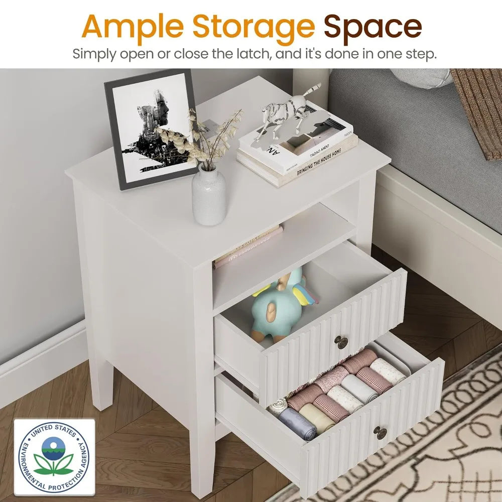 Contemporary Fluted Nightstand Set With Charging Station And Storage Shelf