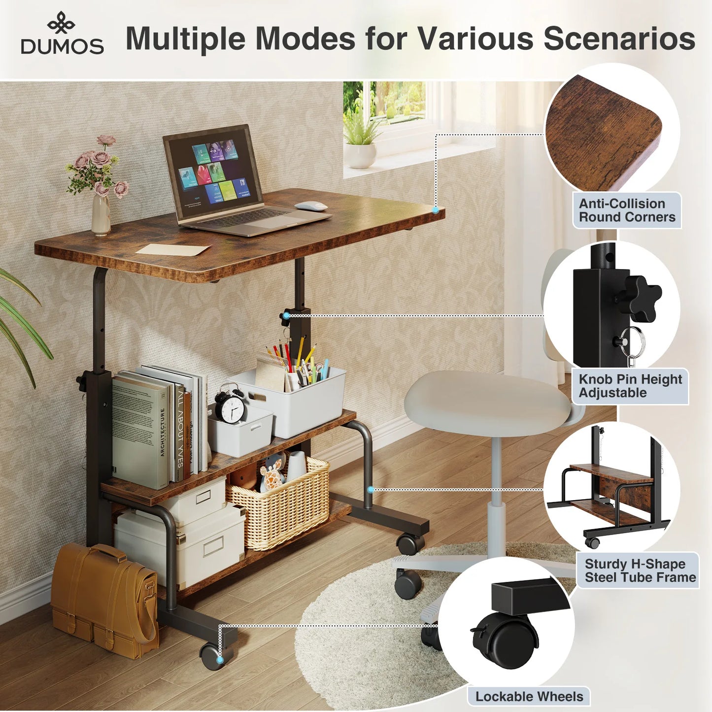 JHK Adjustable Height Mobile Standing Desk With Locking Wheels