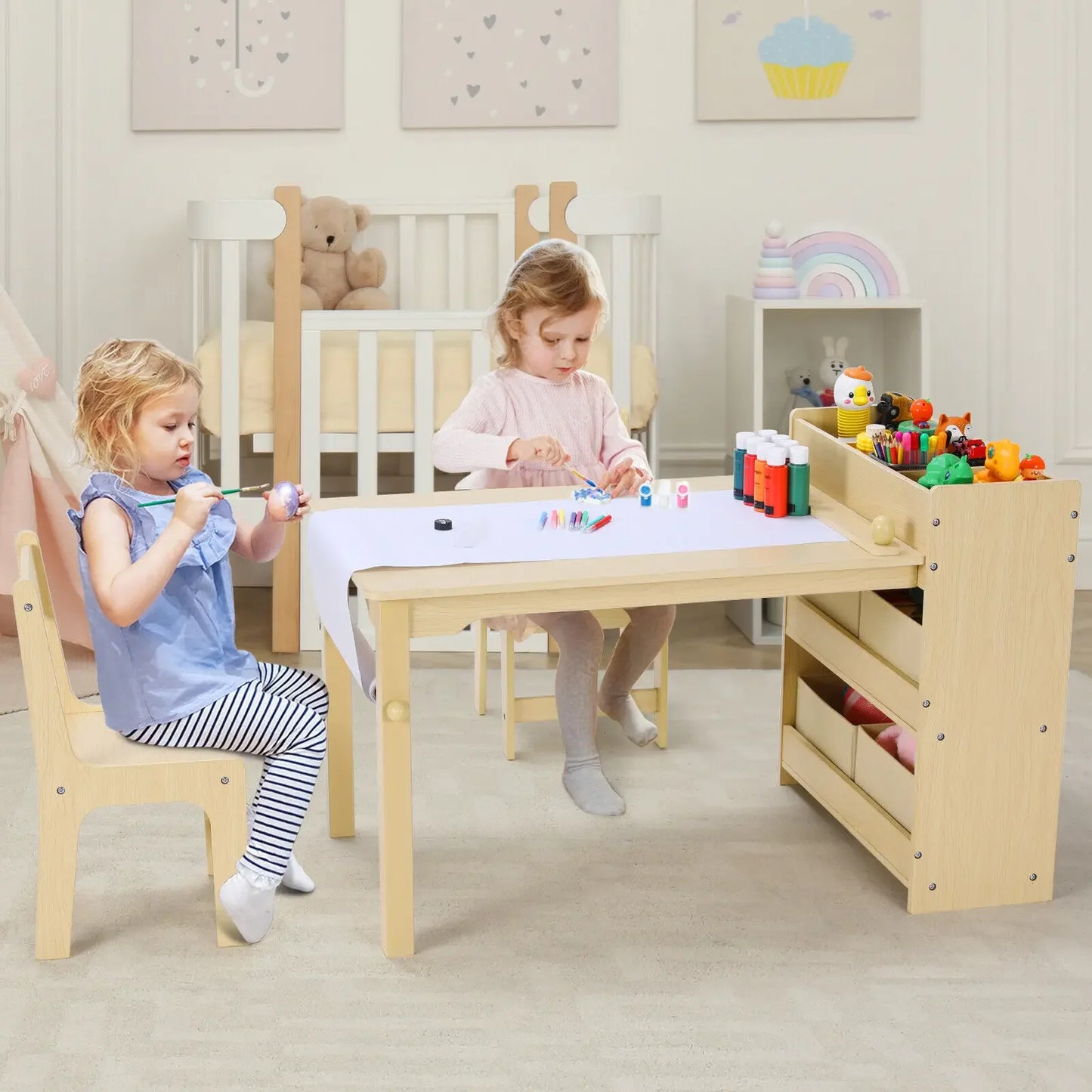 AuAg Kids Art Table And Chair Set With Storage Shelves Canvas Bins