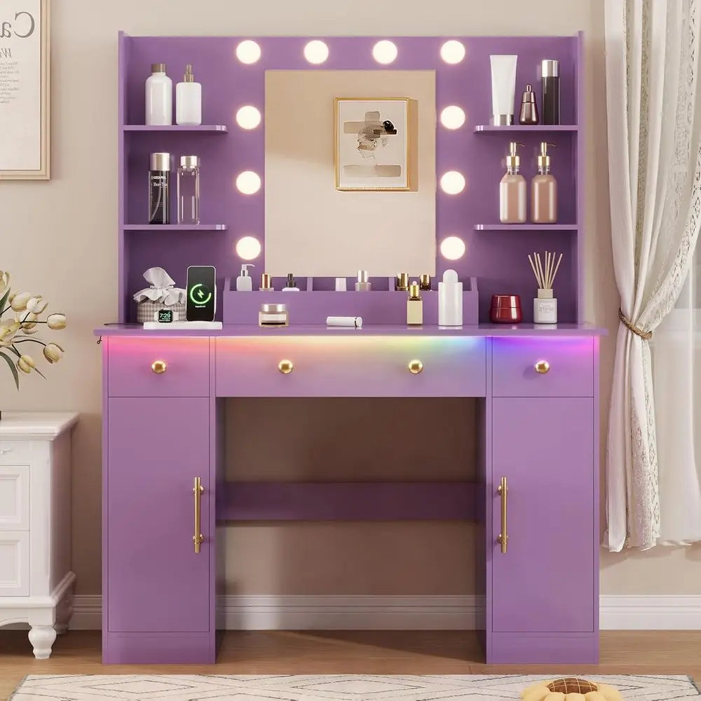 Makeup Vanity Desk With Mirror LED Lighting And Power Outlet
