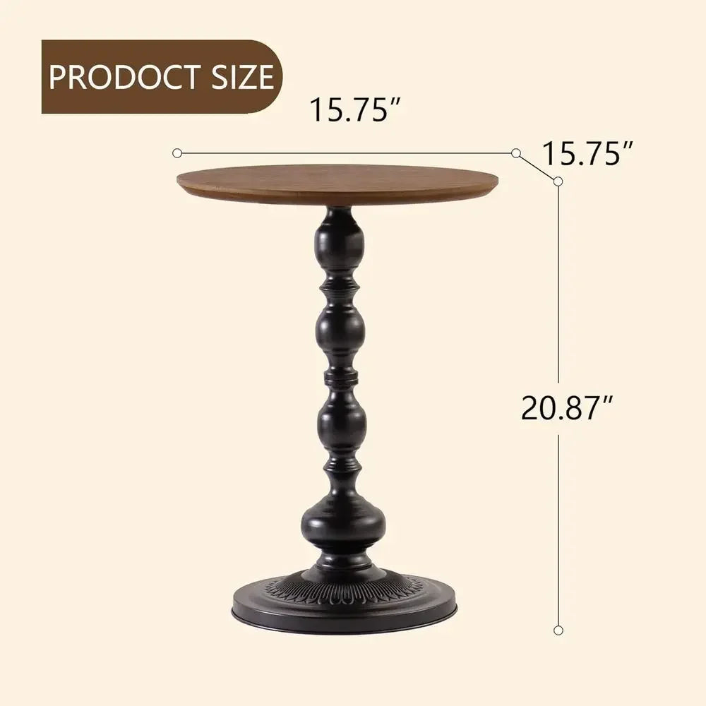 Round End Table With Wood Top And Black Pedestal Base