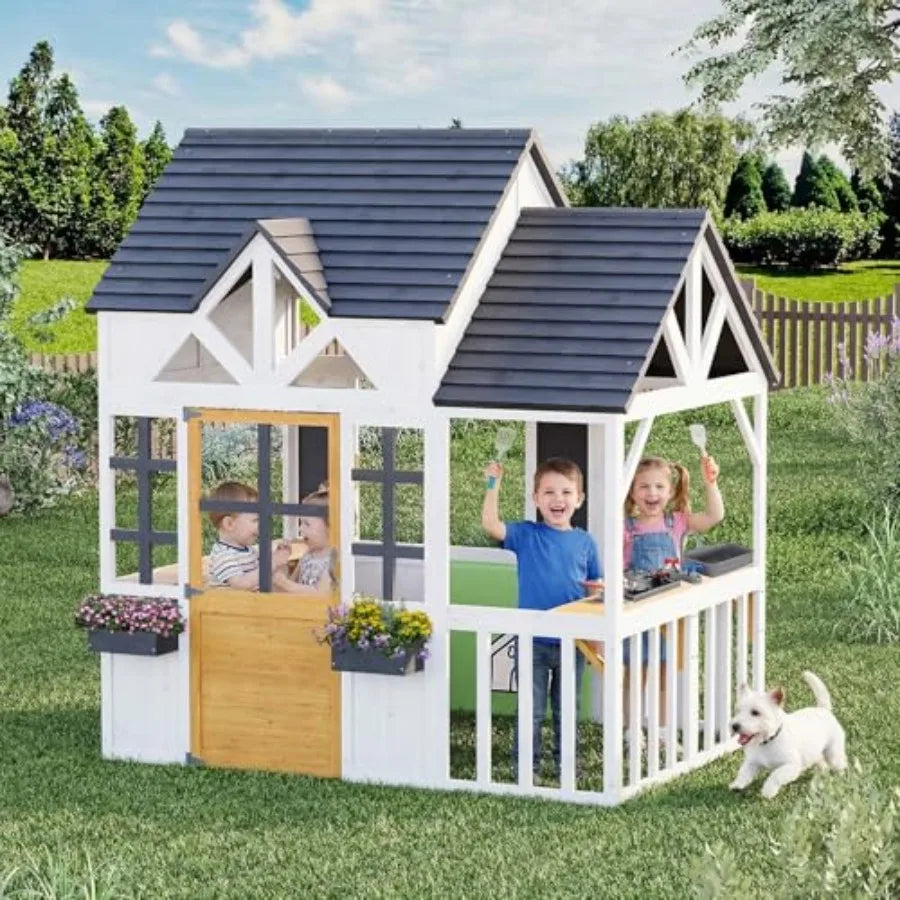 MDNG Outdoor Wooden Playhouse With Kitchen And Blackboard For Kids
