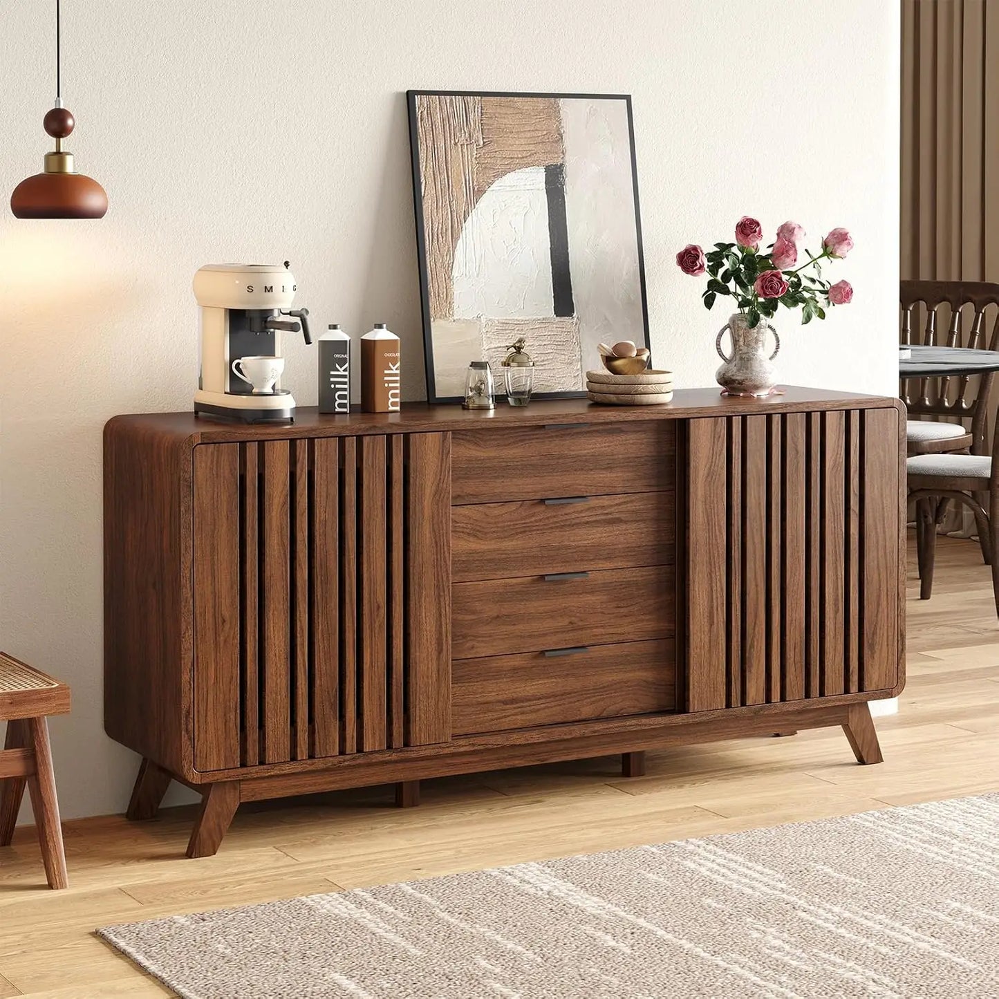 Mid Century Wooden Sideboard Buffet Cabinet With Storage Drawers