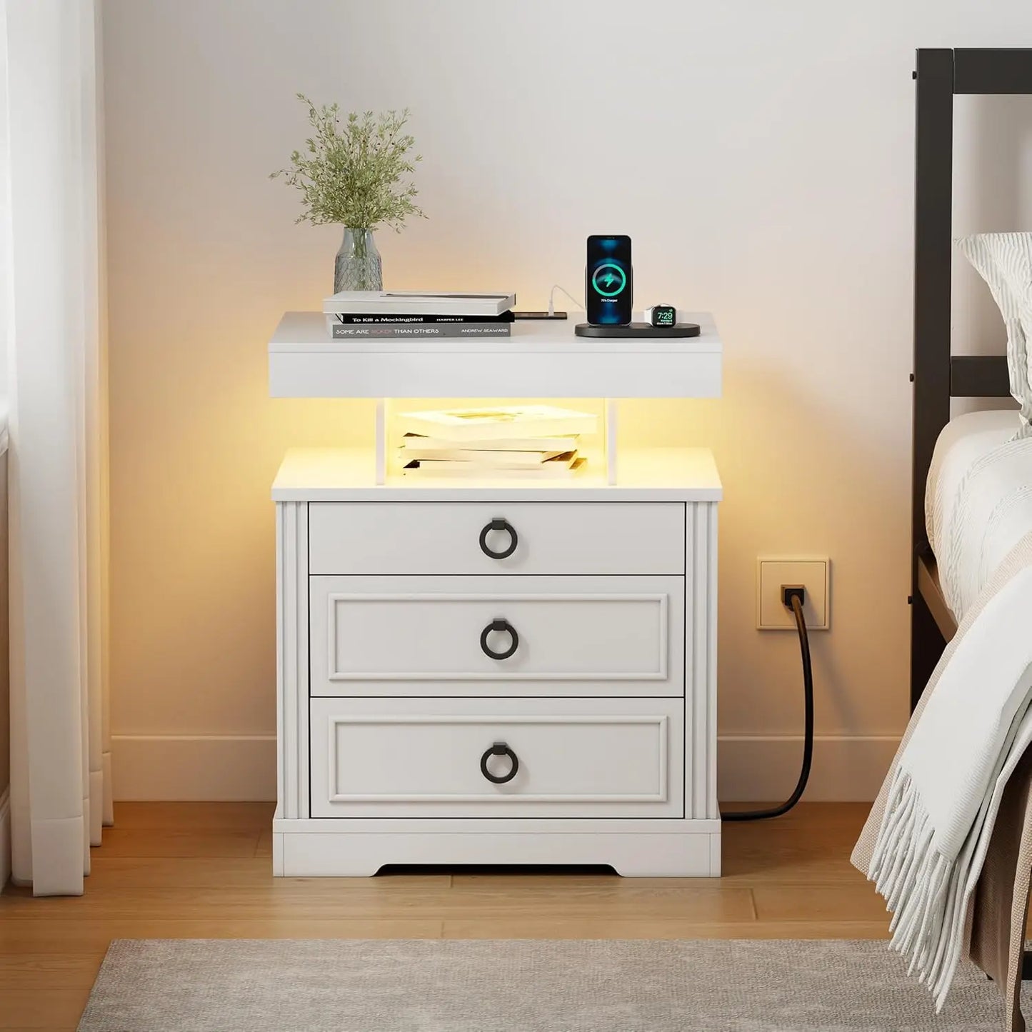 Minimalist Wooden Nightstand Set With Integrated Led Lights And Charger