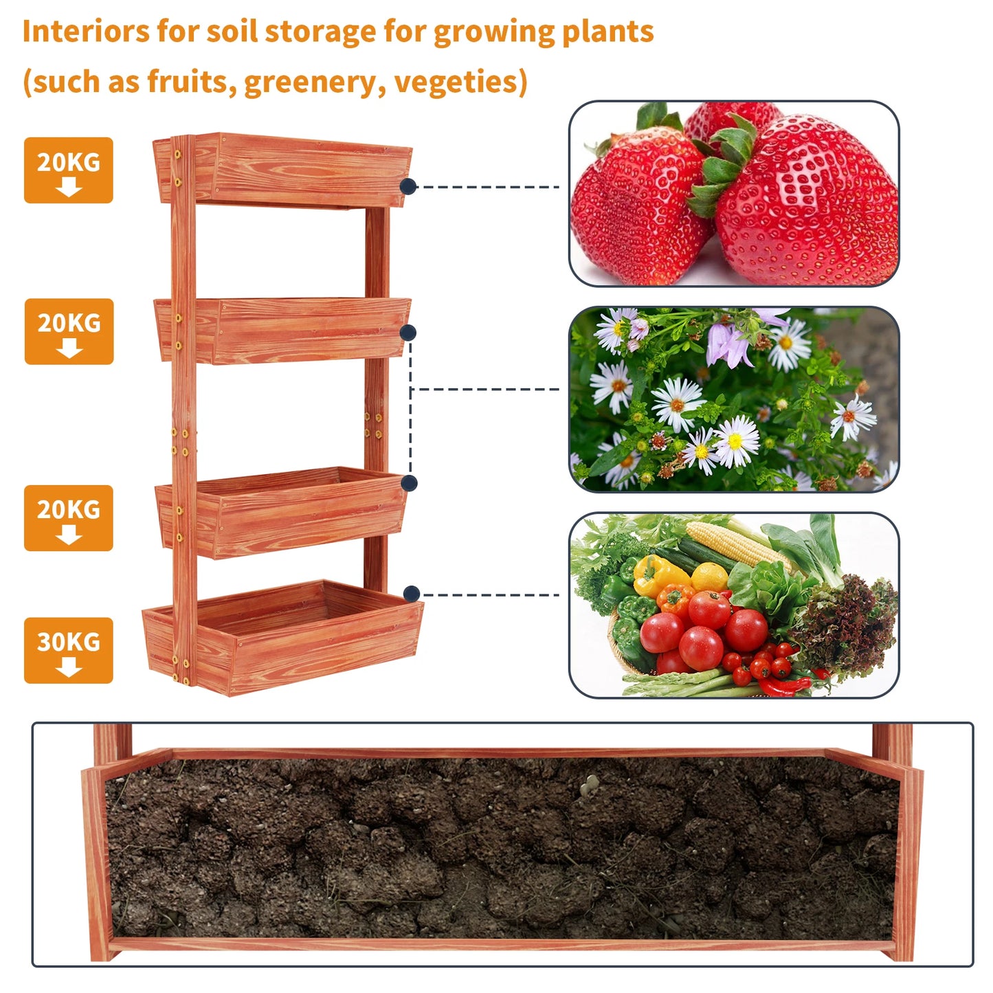 Four Tier Solid Wood Elevated Raised Garden Bed Planter