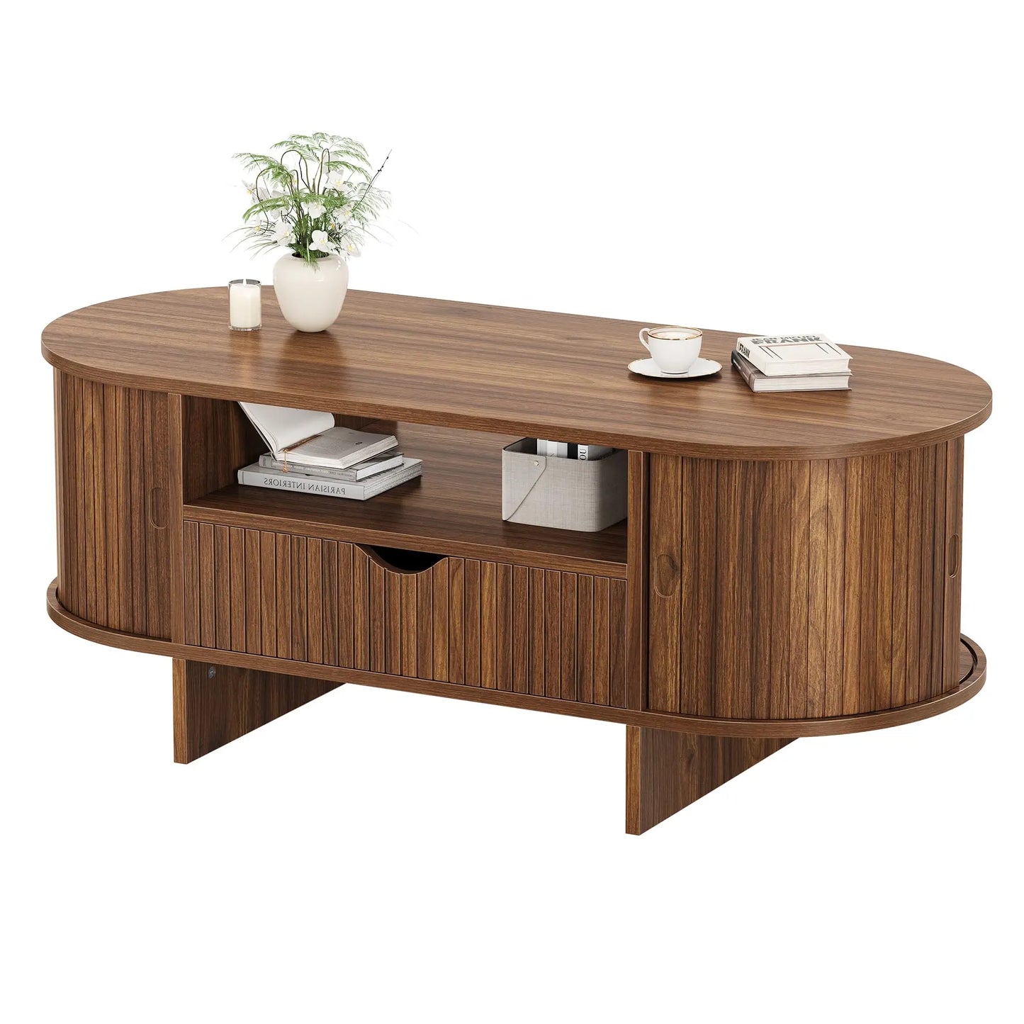 HiMiss Modern Fluted Wood Coffee Table With Storage Cabinet