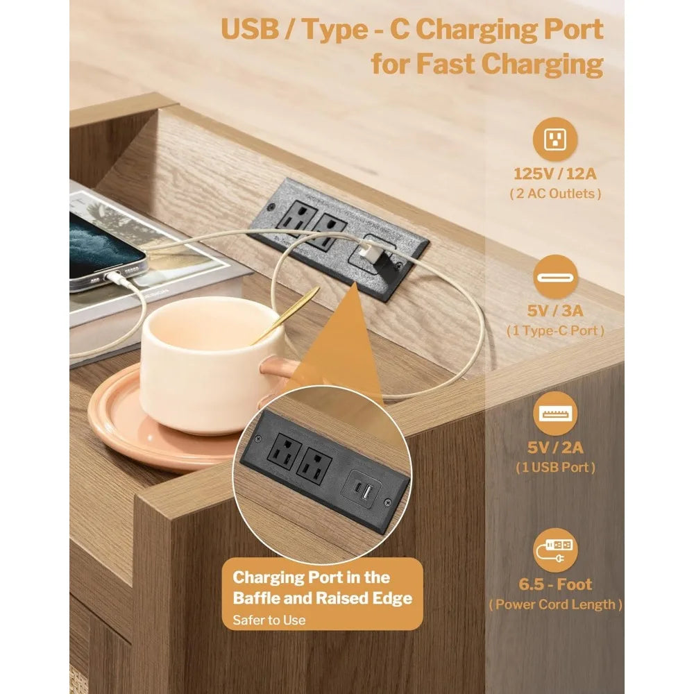 RBXC Rattan Nightstand Set Of 2 With Type C Charging
