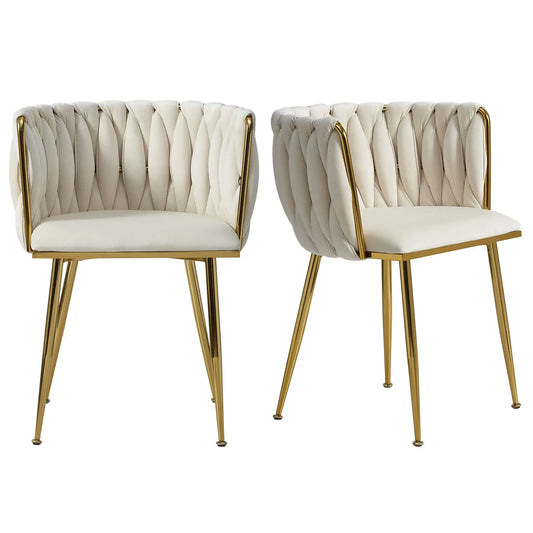 Velvet Dining Chairs With Golden Legs And Woven Back