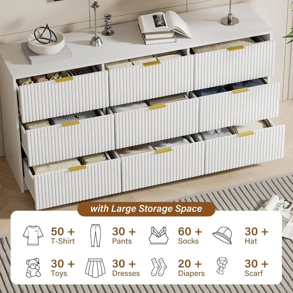 Modern 9 Drawer Dresser With Smooth Slides And Gold Handles