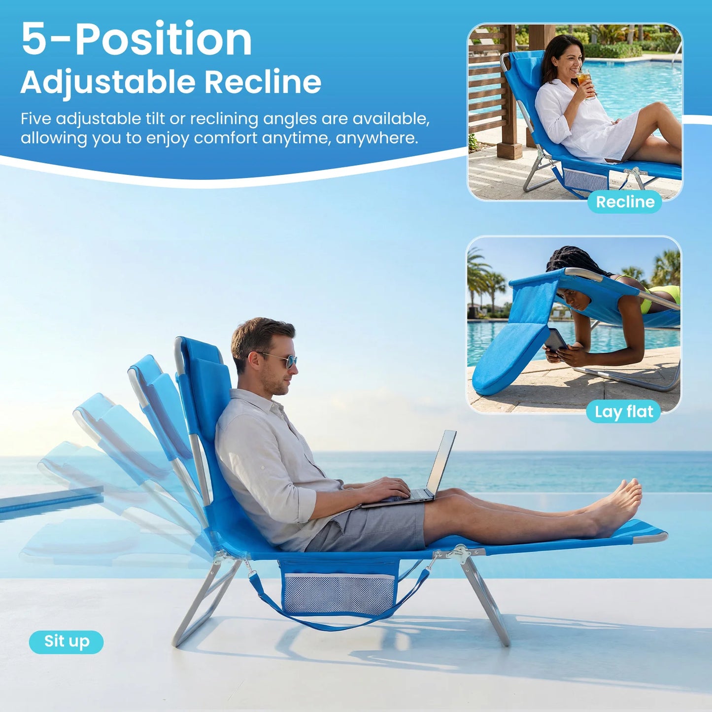 JHK 5-Position Adjustable Recline Beach Lounge Chair Portable Folding