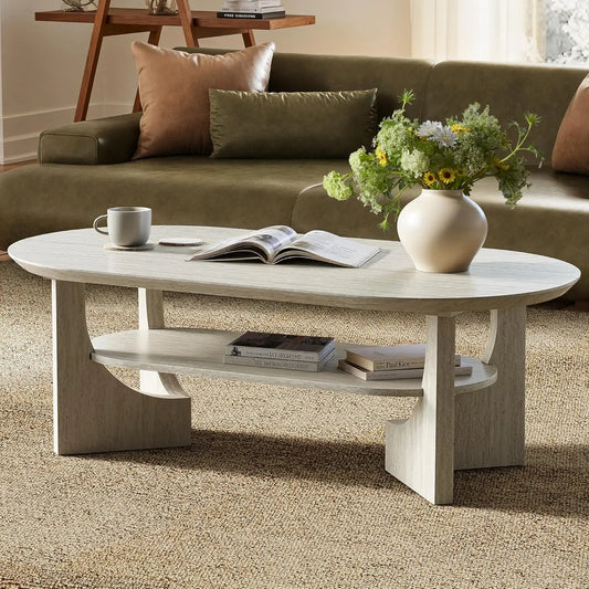 Modern Oval Coffee Table With Storage Shelf Minimalist Wood