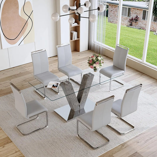 GUOHE Glass Dining Room Table Set With PU Leather Chairs