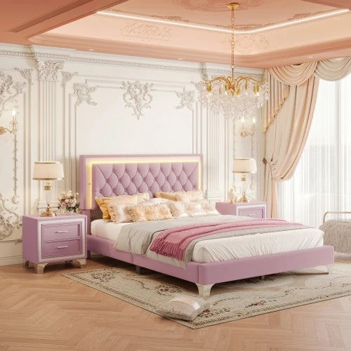 Upholstered Platform Bed With LED Lights And Nightstands