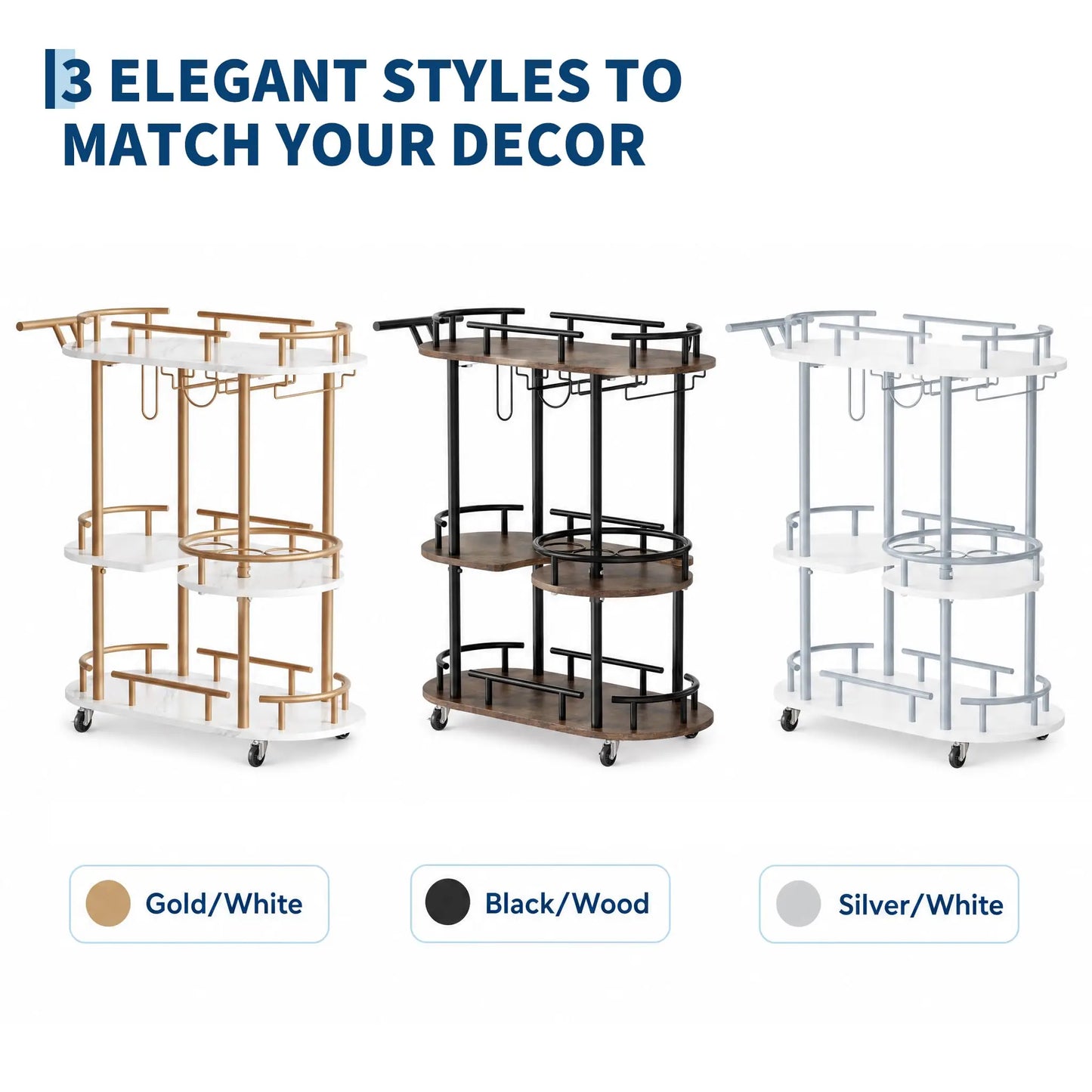 Himiss 3 Tier Rolling Bar Cart With Wine Rack And Glass Holder
