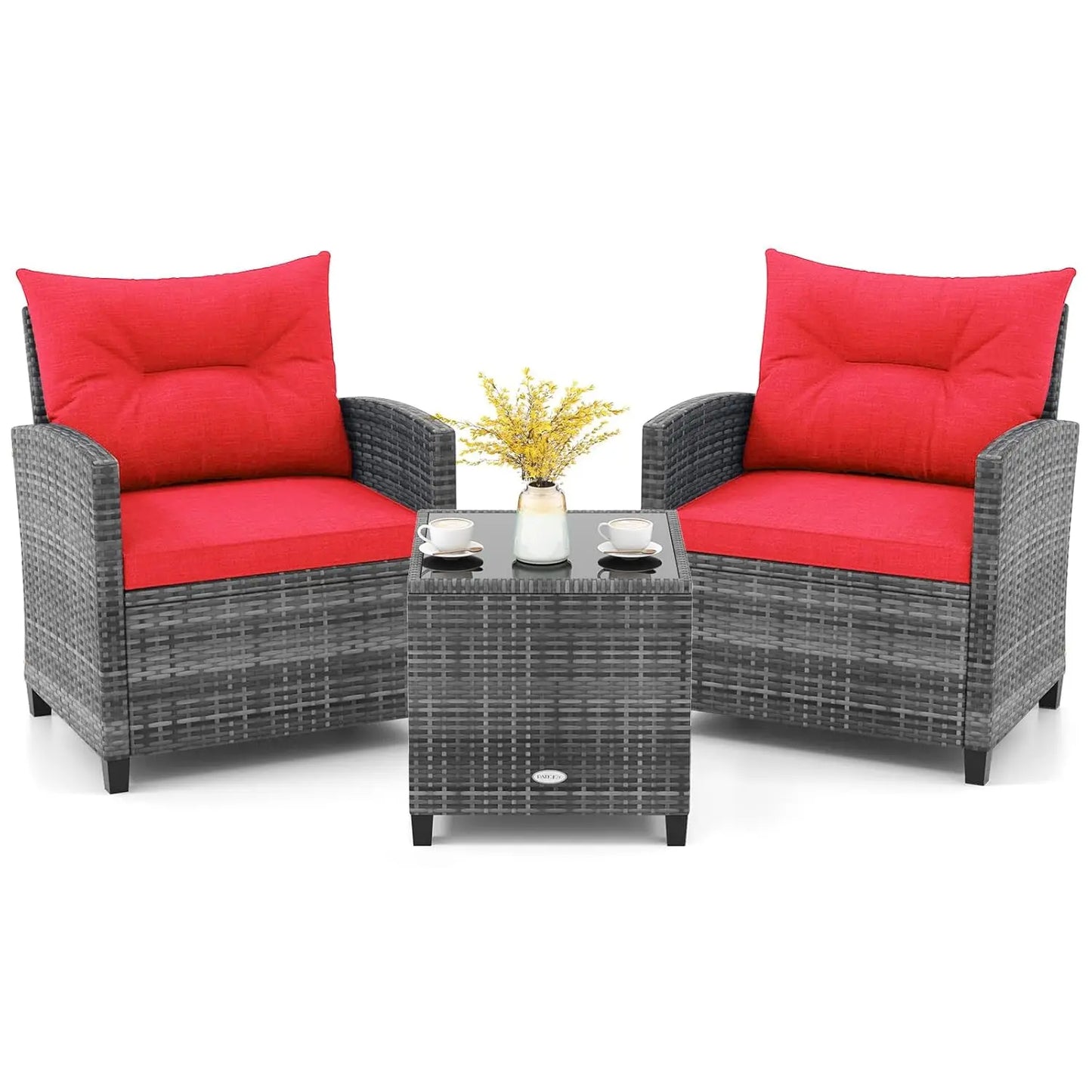 Three Piece Outdoor PE Rattan Patio Set With Glass Tabletop