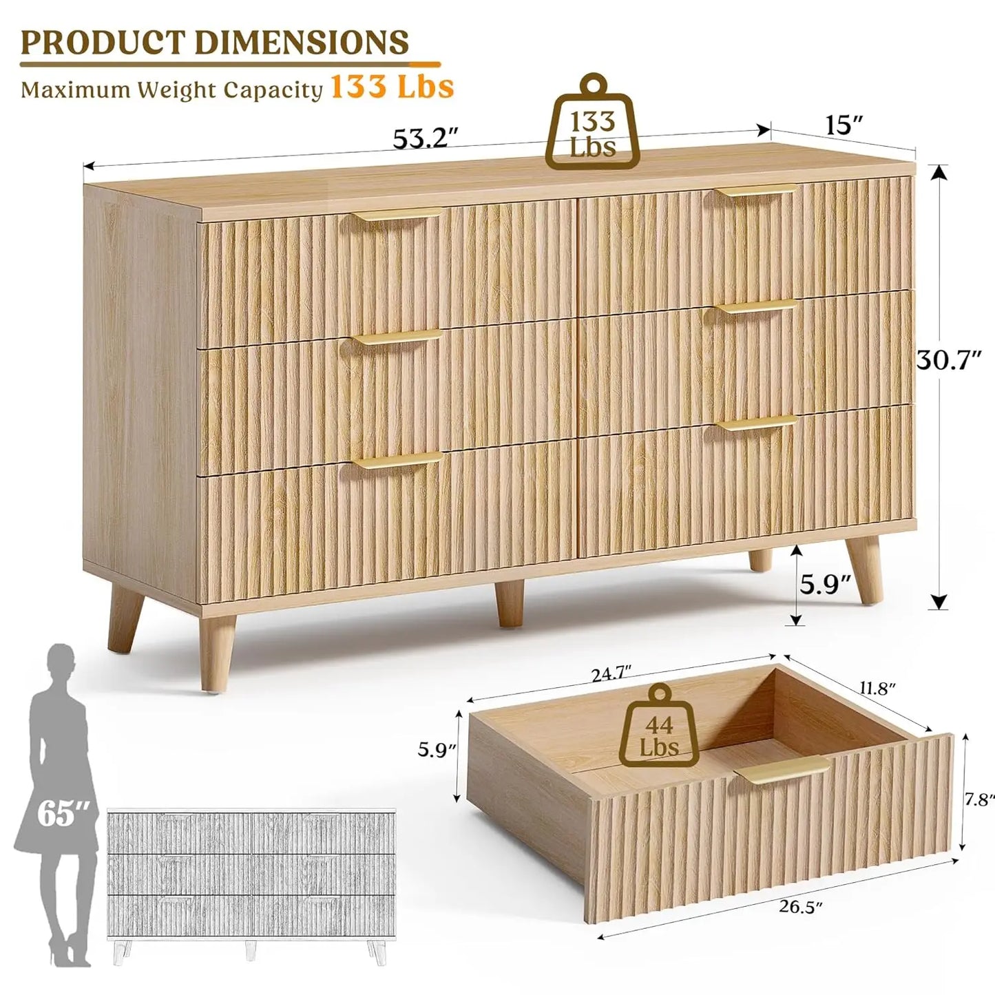 Wood Dresser for Bedroom Fluted Modern Chest of Drawers 6 Drawers