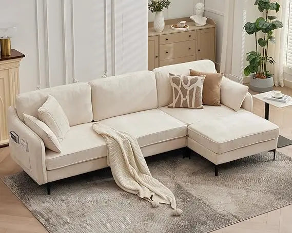 L Shaped Chenille Sectional Sofa With Movable Ottoman For Living Room