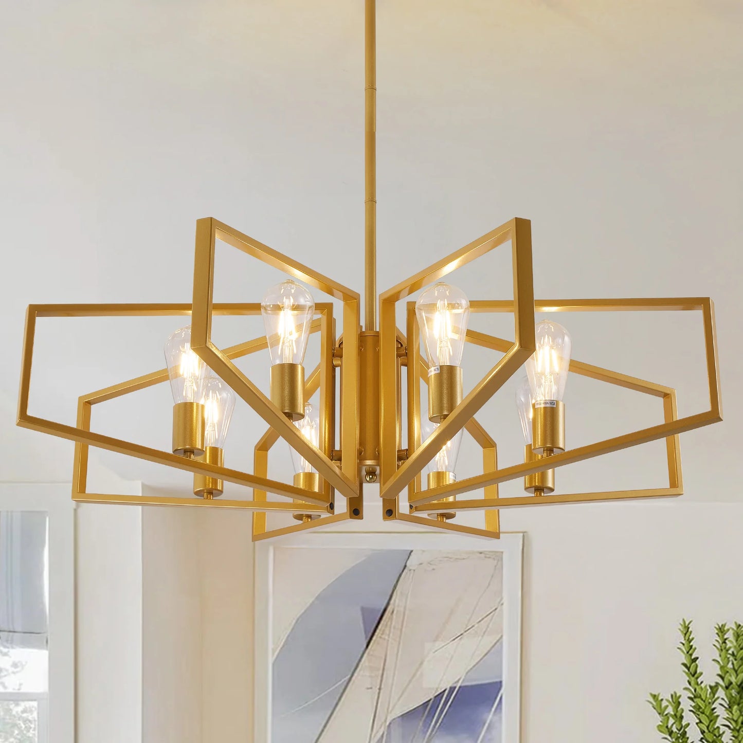 Eight Light Geometric Chandelier With Adjustable Height Metal Pendant