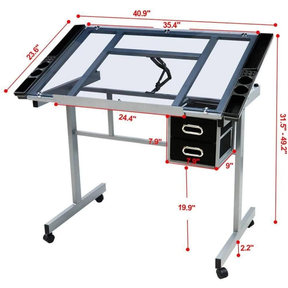 Adjustable Tempered Glass Drafting Table With Tilt Surface And Drawers