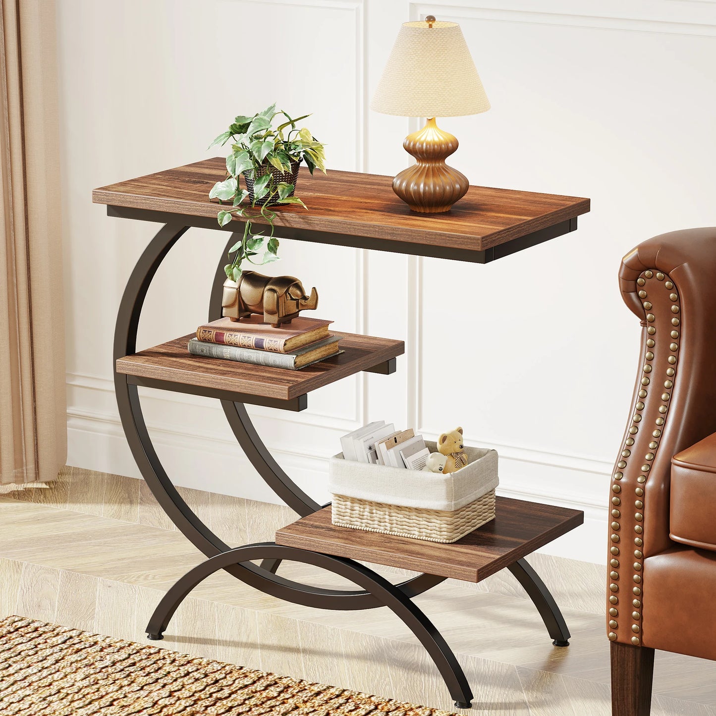 Tribesigns C Shaped End Table Industrial 3 Tier With Storage Shelves