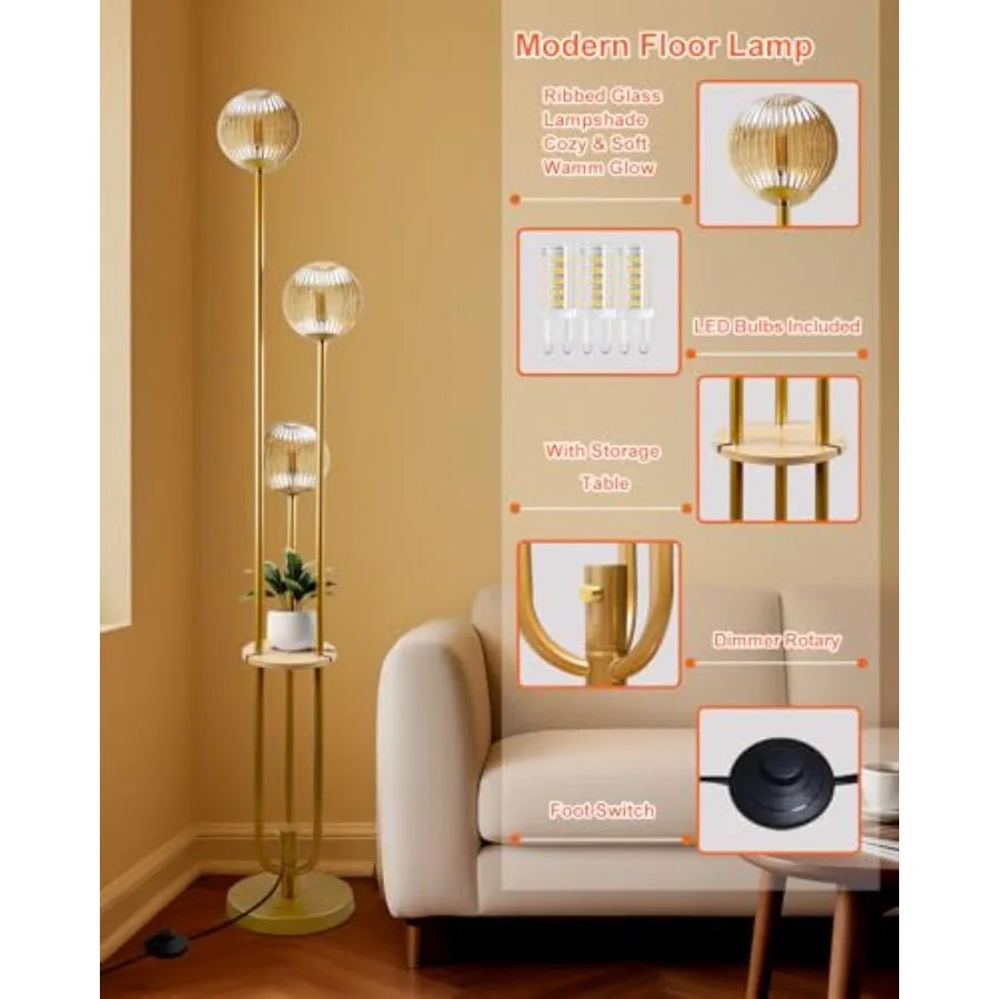 Glass Floor Lamp With Shelf, Dimmable, Mid Century Modern Style