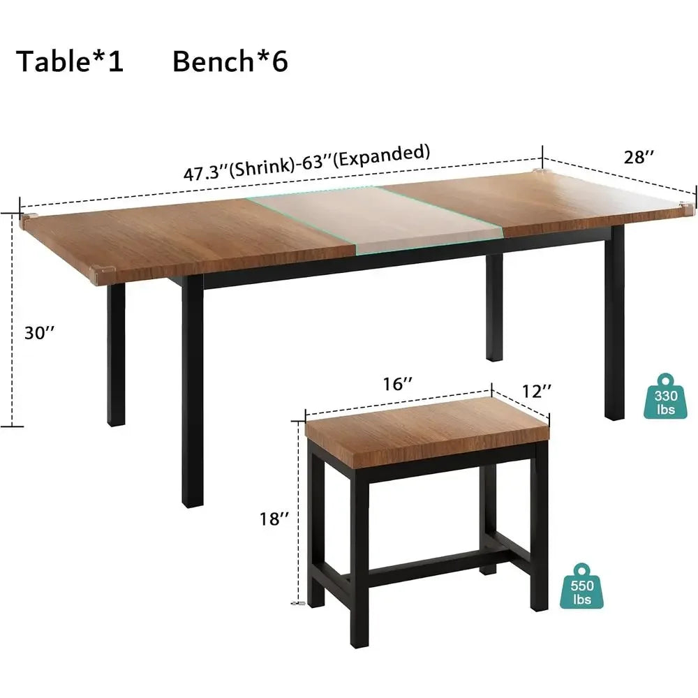 Modern Seven Piece Dining Table Set With Six Cushioned Stools