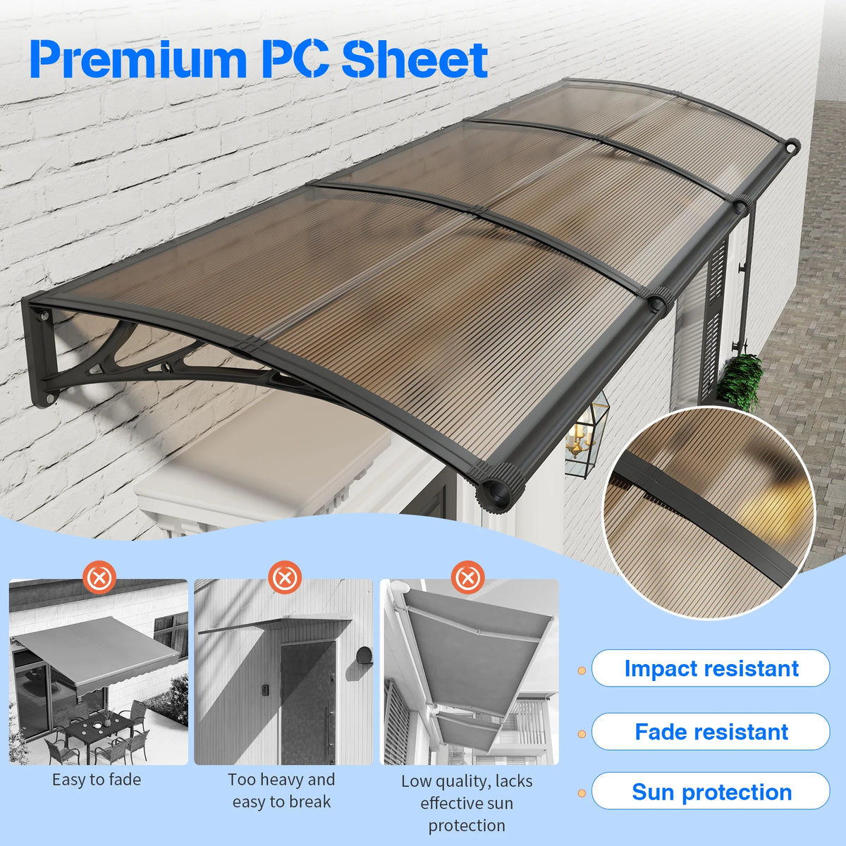 Polycarbonate Door Awning Canopy Sun Shade Rain Cover for Entrance