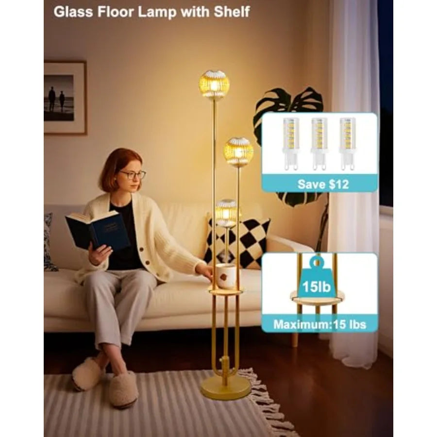 Glass Floor Lamp With Shelf, Dimmable, Mid Century Modern Style