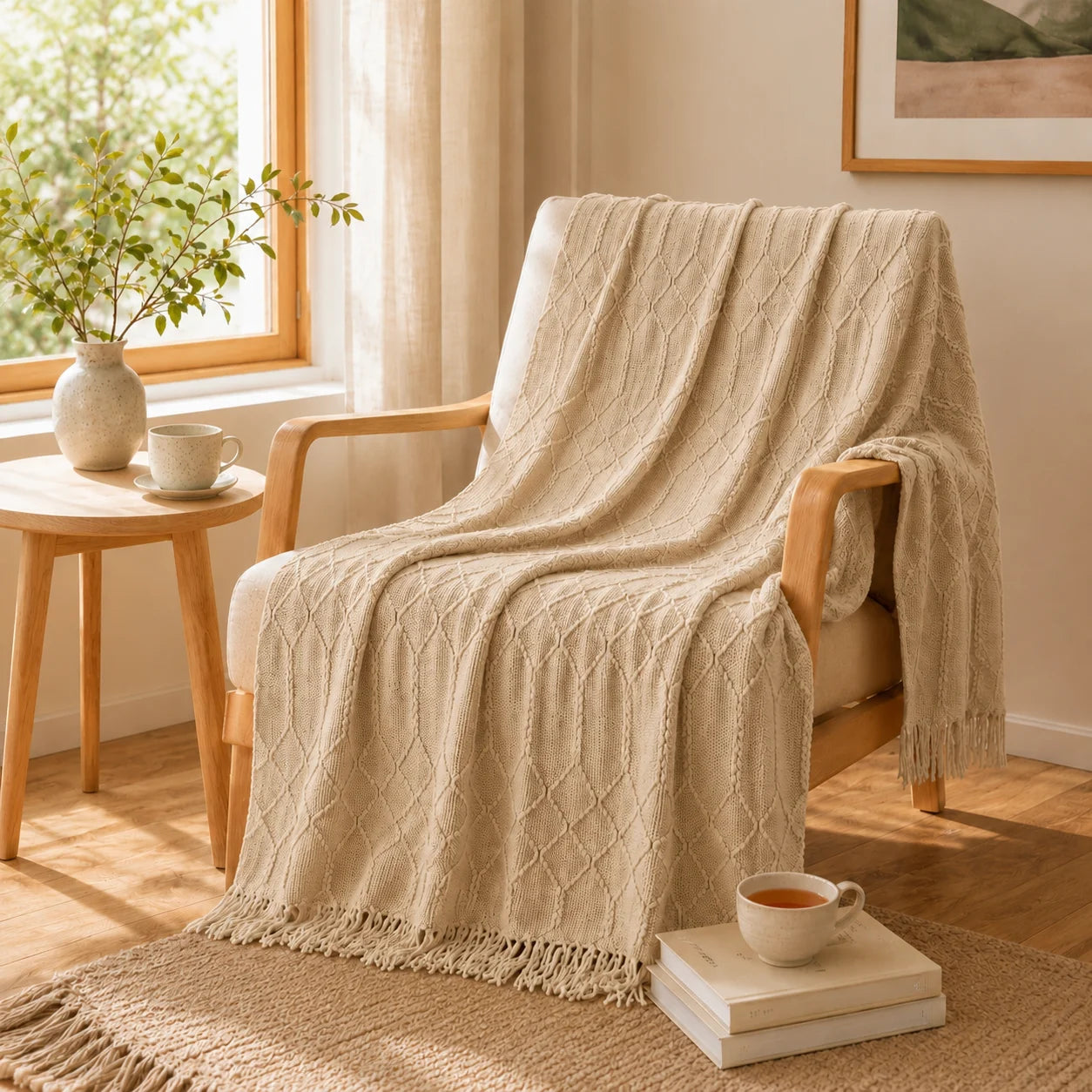 Textured Bobble Diamond Knit Throw Blanket Featuring Tassel Fringe