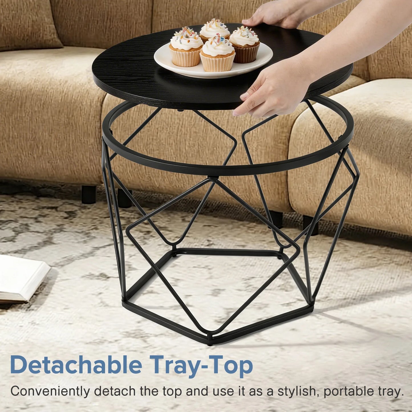 JHK Round Geometric Coffee Tables Set With Hidden Storage