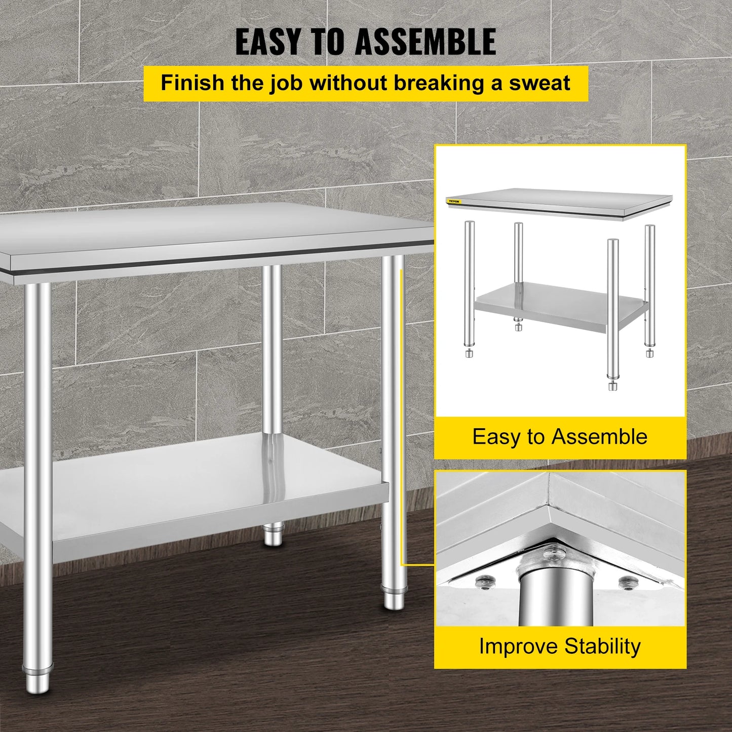 Commercial Kitchen Work Bench With Undershelf Stainless Steel 330LBS