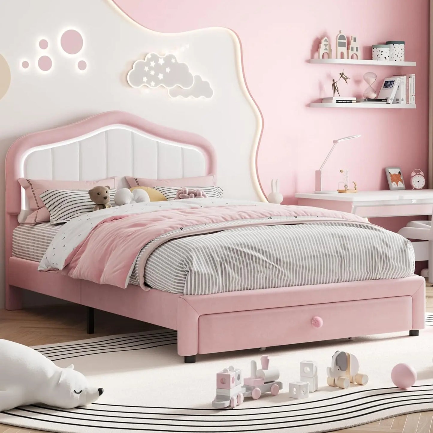 Studyset Kids Velvet Upholstered Bed Frame With LED Crown Headboard
